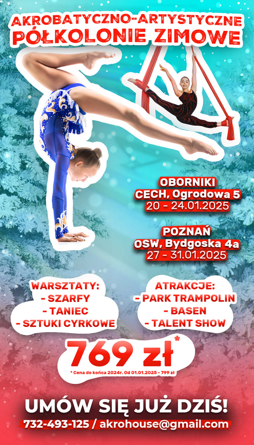 Gimnastyczki w pozach akrobatycznych, na tele ośnieżonych choinek, z boku napisy informujące o półkoloniach.