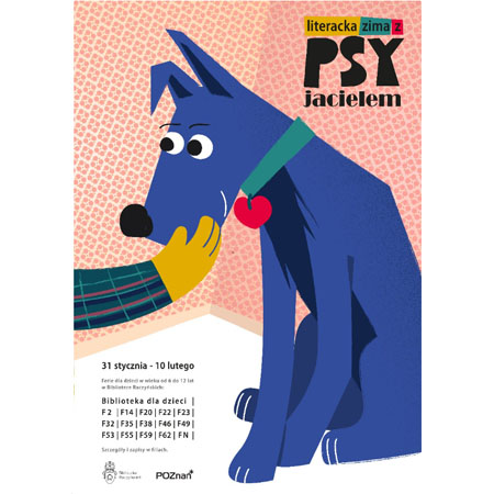 Pies siedzi. Ktoś trzyma dłoń na jego pysku."Literacka zima z PSYjacielem".