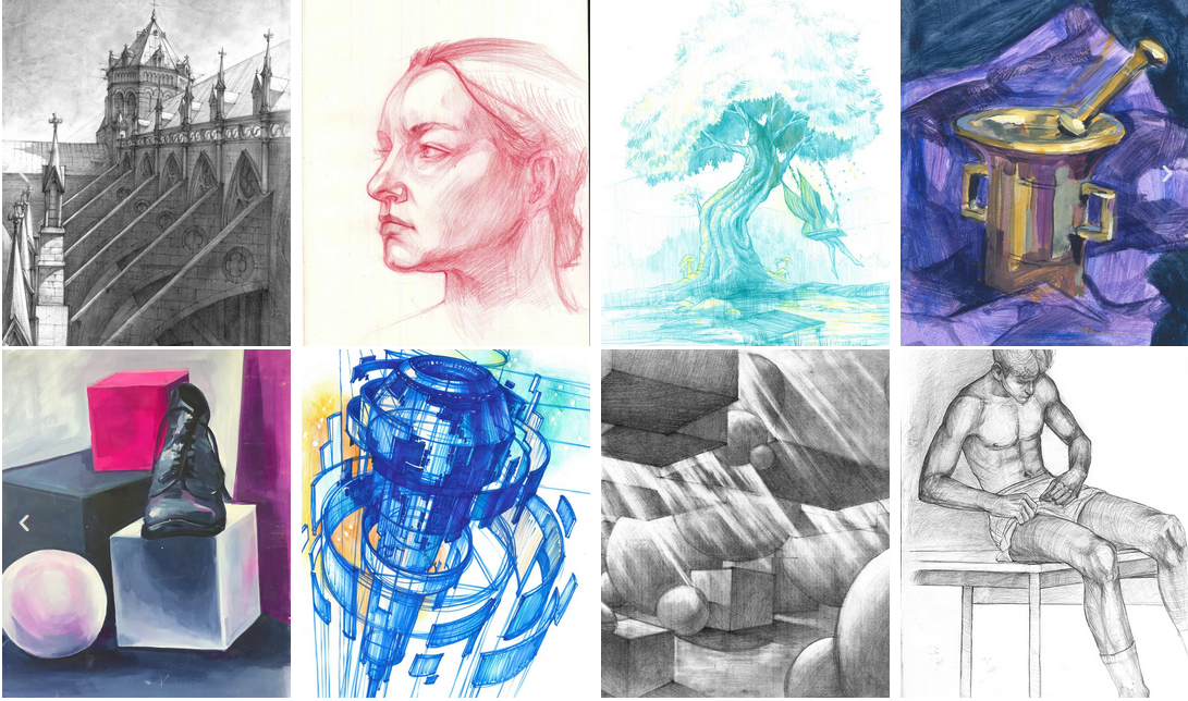 Kilka rysunków i obrazów, przedstawiających budynki, postaci i przedmioty.