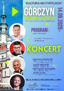 Plakat, który reklamuje Fest Koncert - od Opery po Szlagiery. Z prawej strony zdjęcie ratusza, a na jego tle zdjęcia wykonawców. Po lewej stronie napisy, które informują o wydarzeniu.