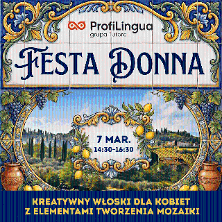 Baner wydarzenia "Festa Donna" z ozdobnym, klasycznym napisem u góry. W centrum widnieje data "7 Mar., 14:30-16:30", a tło przedstawia malowniczy krajobraz z winnicą, cytrusami i dekoracyjną ramą w stylu śródziemnomorskim.