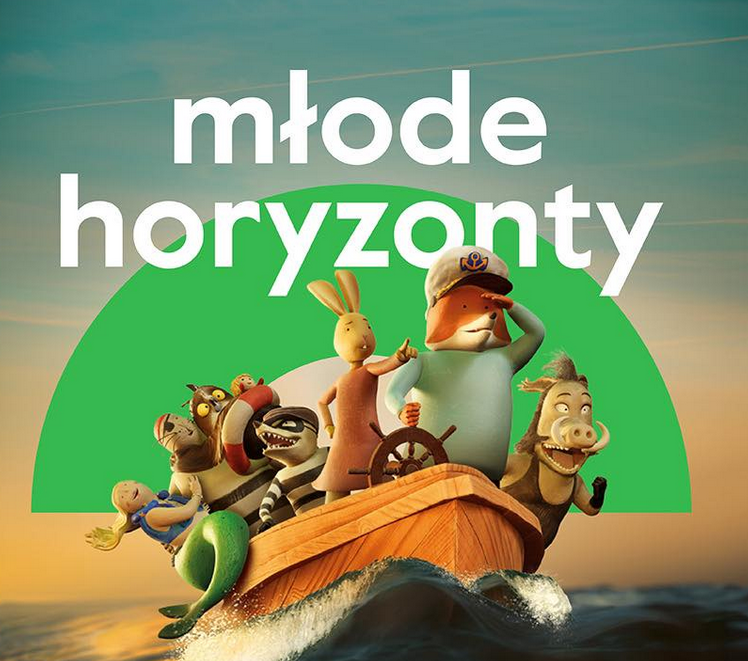 Plakat, na łodzi płyną bohaterowie dziecięcych animacji, nad nimi napis młode horyzonty.