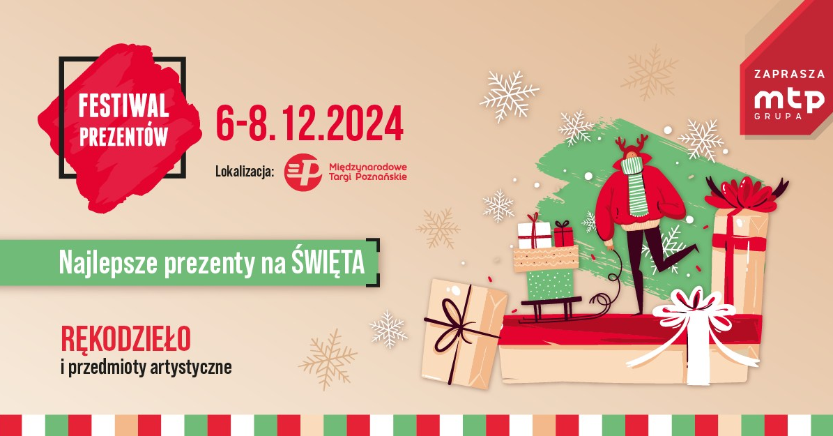Plakat informujący o festiwalu prezentów, utrzymany w konwencji świątecznej, na beżowym tle.