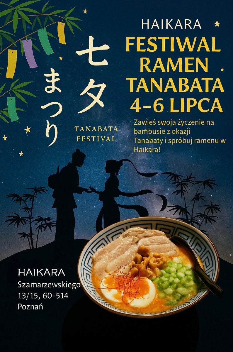 Gwieździste niebo, na jego tle czarne sylwetki pary ubranych w tradycyjne japońskie strone. Na przodzie plakatu zdjęcie miski z daniem ramen.
