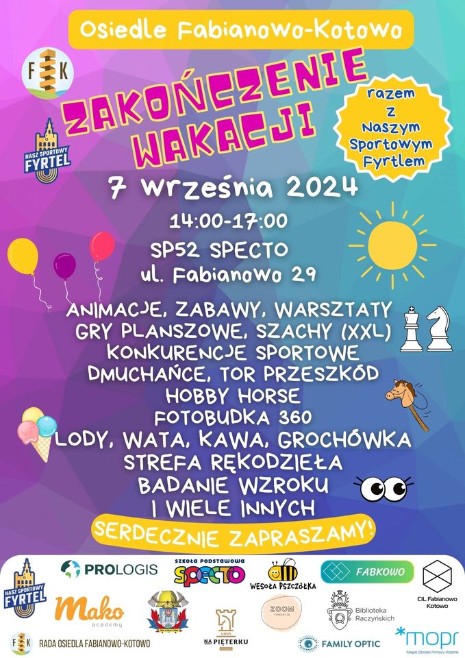 Kolorowy plakat z nazwą wydarzenia i naklejkami dla dzieci. Sponsorzy są wypisani na dole.