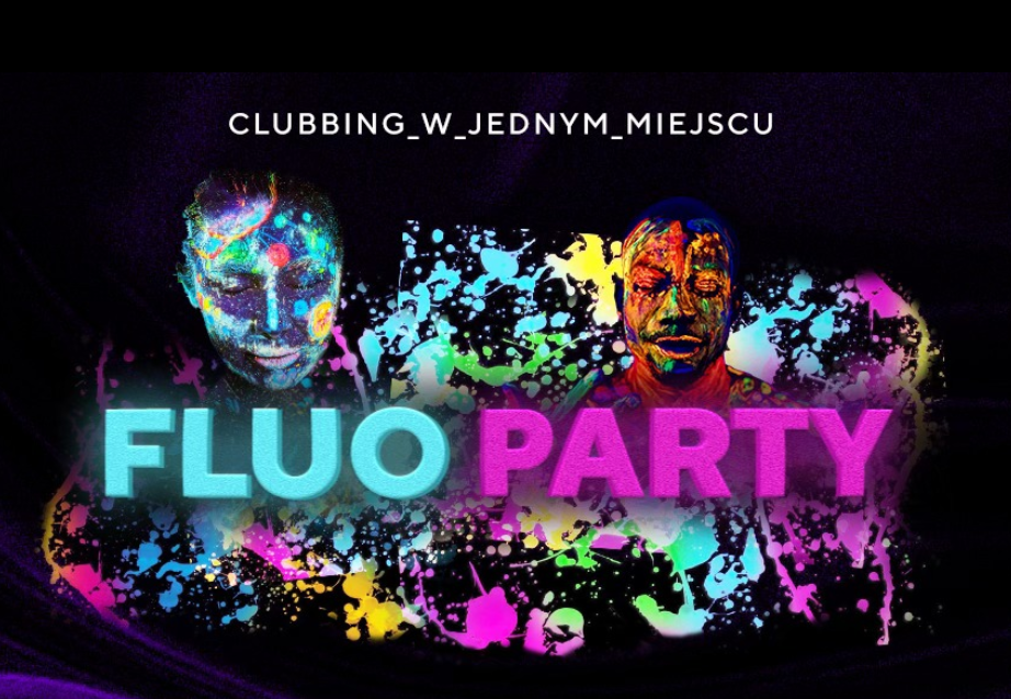 Plakat ze zdjęciami osób pomalowanymi fluorescencyjnymi farbami w tanecznych pozach.