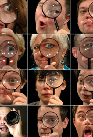 Twarze ludzi. Każda z lupą lub obiektywem przy oku.