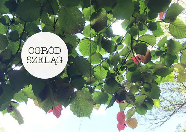 Liscie lipy na gałęziach. Wśród lisci przebija słońce. Po lewej białe koło w srodku czarny napis "Ogród Szeląg".