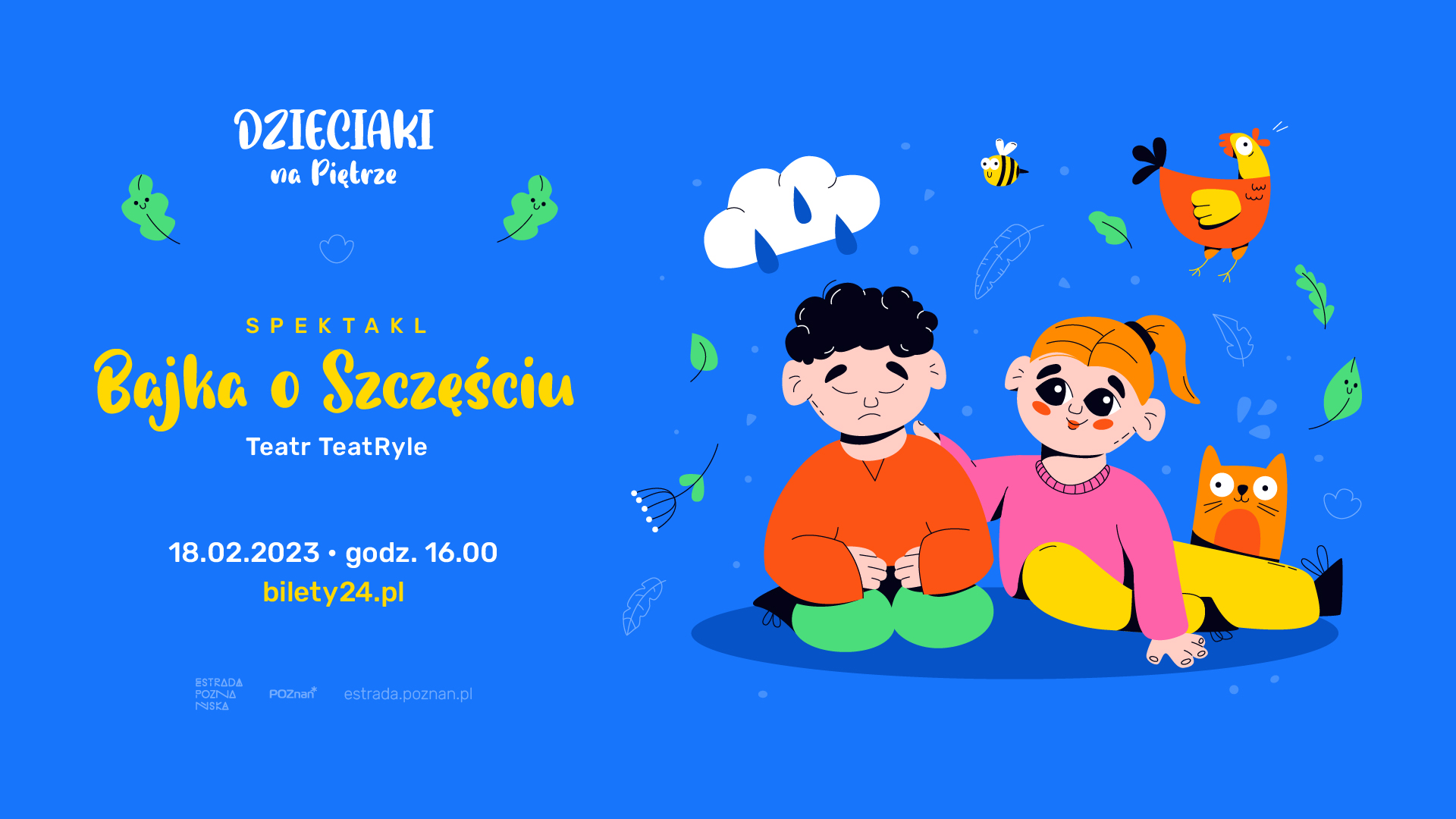 .Obrazek przedstawiający smutnego chłopca i uśmiechniętą dziewczynkę. Wokół nich rysunki kotka, kury, pszczółki, chmury z kroplami deszczu.