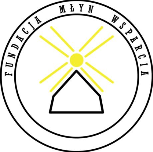 Schematyczny rysunek młyna, dookoła ramka z napisem Fundacja Młyn Wsparcia.