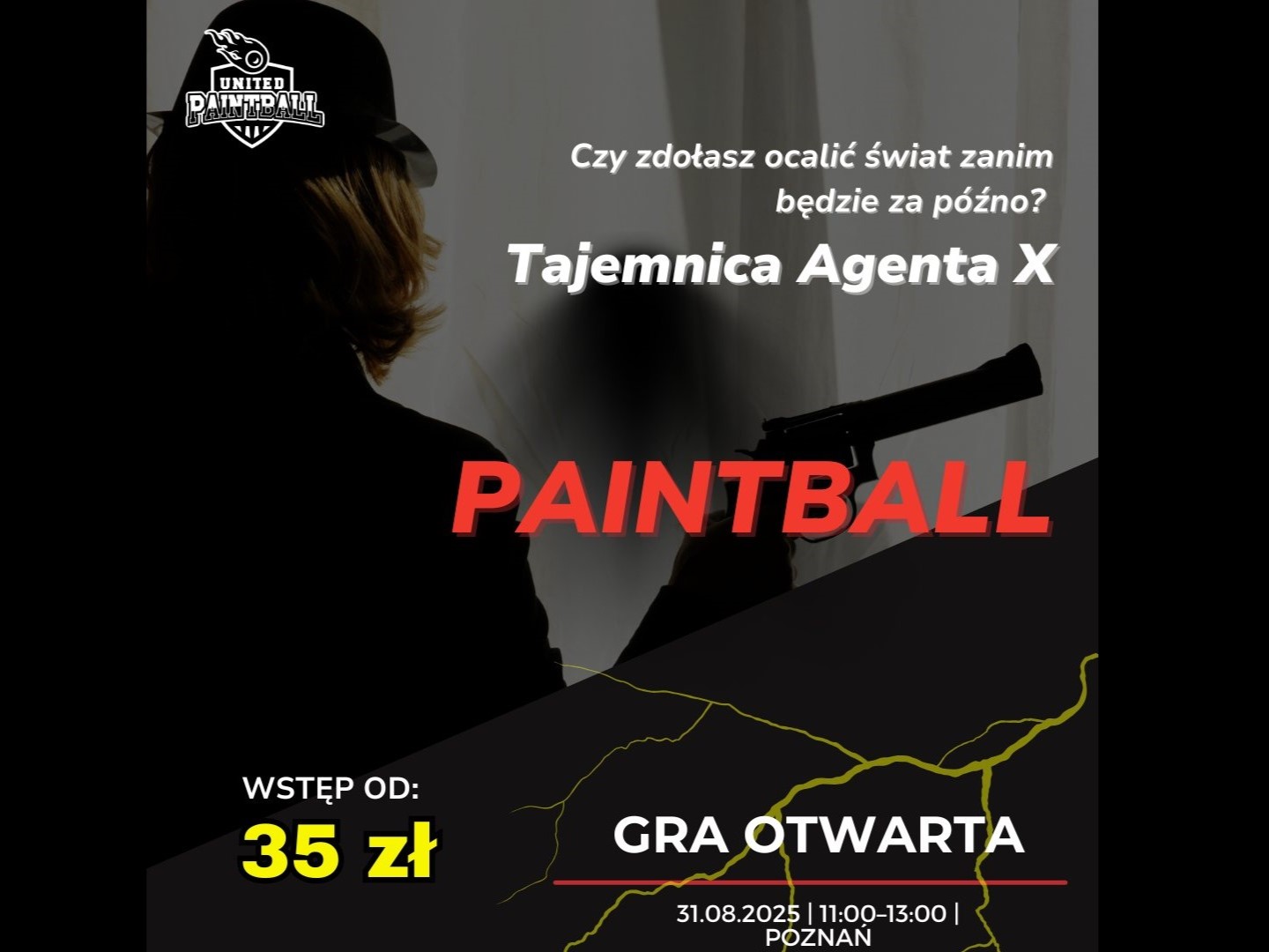 Odwrócona osoba w kapeluszu mierzy z rewolweru, informacje o otwartej grze w paintball.