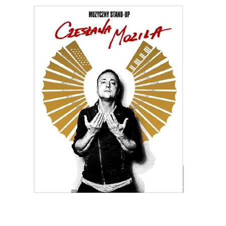 Ilustracja przedstawia stojącego Czesława Mozila, do zdjęcia dorysowano grafikę rozciągniętego akordeonu stylizowanego na skrzydła husarskie.