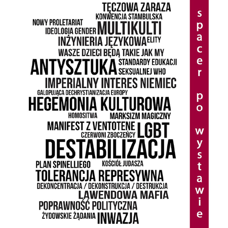 Czarne napisy na białym tle, wyrazy nawiązują do tematu wystawy (np. antysztuka, hegemonia kulturowa).