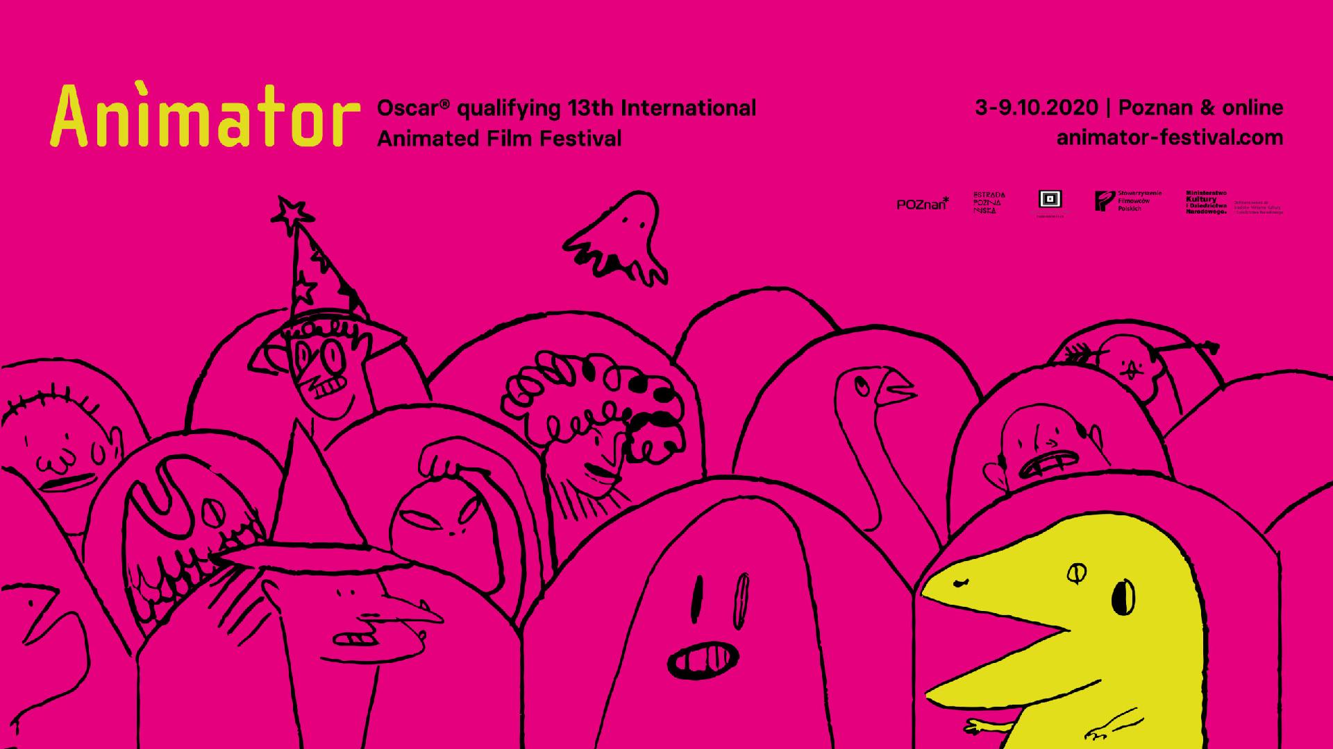 Grafika przedstawia plakat festiwalu. Na czerwonym tle żółty napis Animator. Pod napisem rysunki różnych postaci.