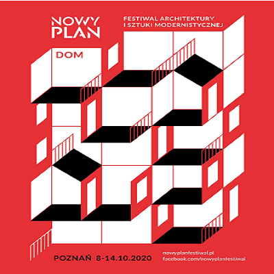 Plakat na jasnoczerwonym, żywym tle przedstawia biały, geometryczny schemat piętrowego budynku. Przypomina on złożony z sześcianów blok ze schematycznie nakreślonymi drzwiami, oknami i balustradami na każdym poziomie. Na górze plakatu widać napis "Nowy Plan. Festiwal architektury i sztuki modernistycznej".