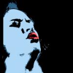 Na grafice na czarnym tle niebieska twarz artystki z ustami pomalowanymi na czerwono.