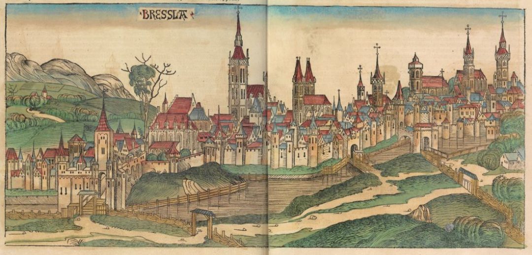 Grafika przedstawia drzeworytową ilustracją panoramy średniowiecznego miasta.