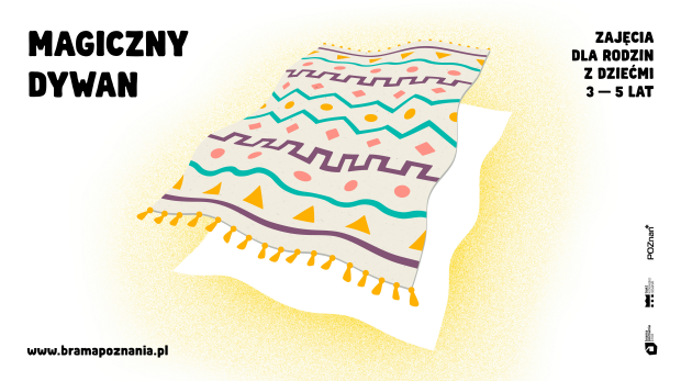 Grafika przedstawia szary dywan z kolorowymi elementami geometrycznymi.