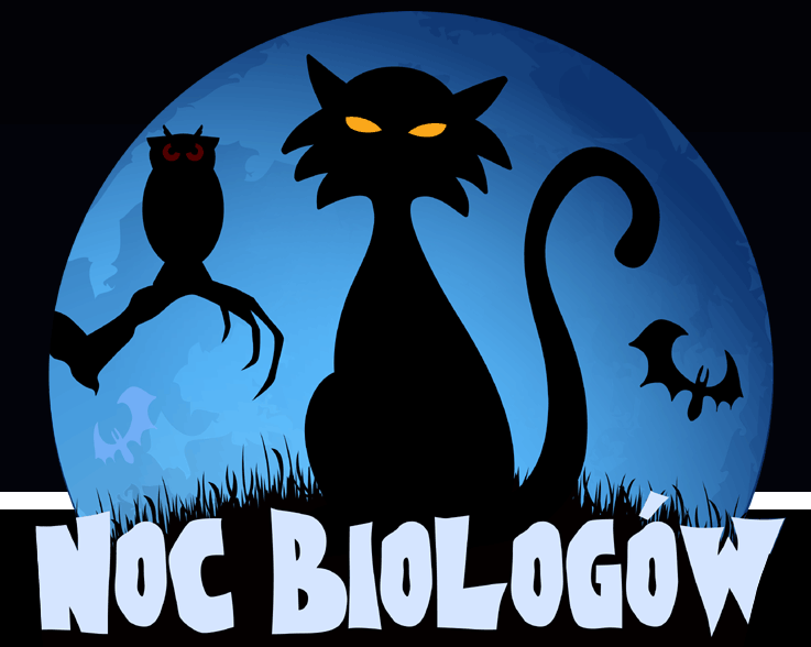 Na grafice na tle niebieskiego księżyca czarne postci kota, sowy i nietoperza. Na dole napis noc biologów.