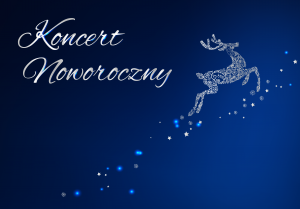 Na granatowym tle napis koncert noworoczny.