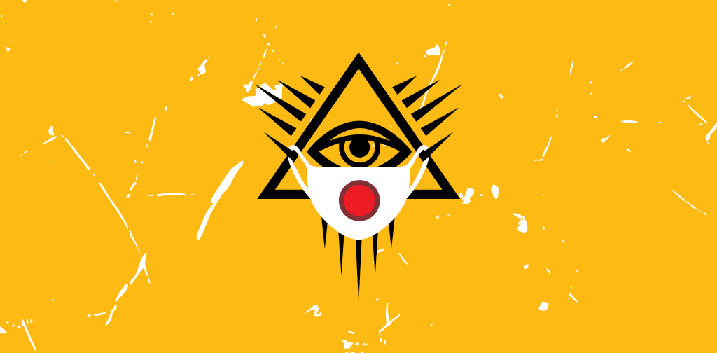 Na żółtym tle czarny znak oka opatrzności, na którym wisi maseczka ochronna.