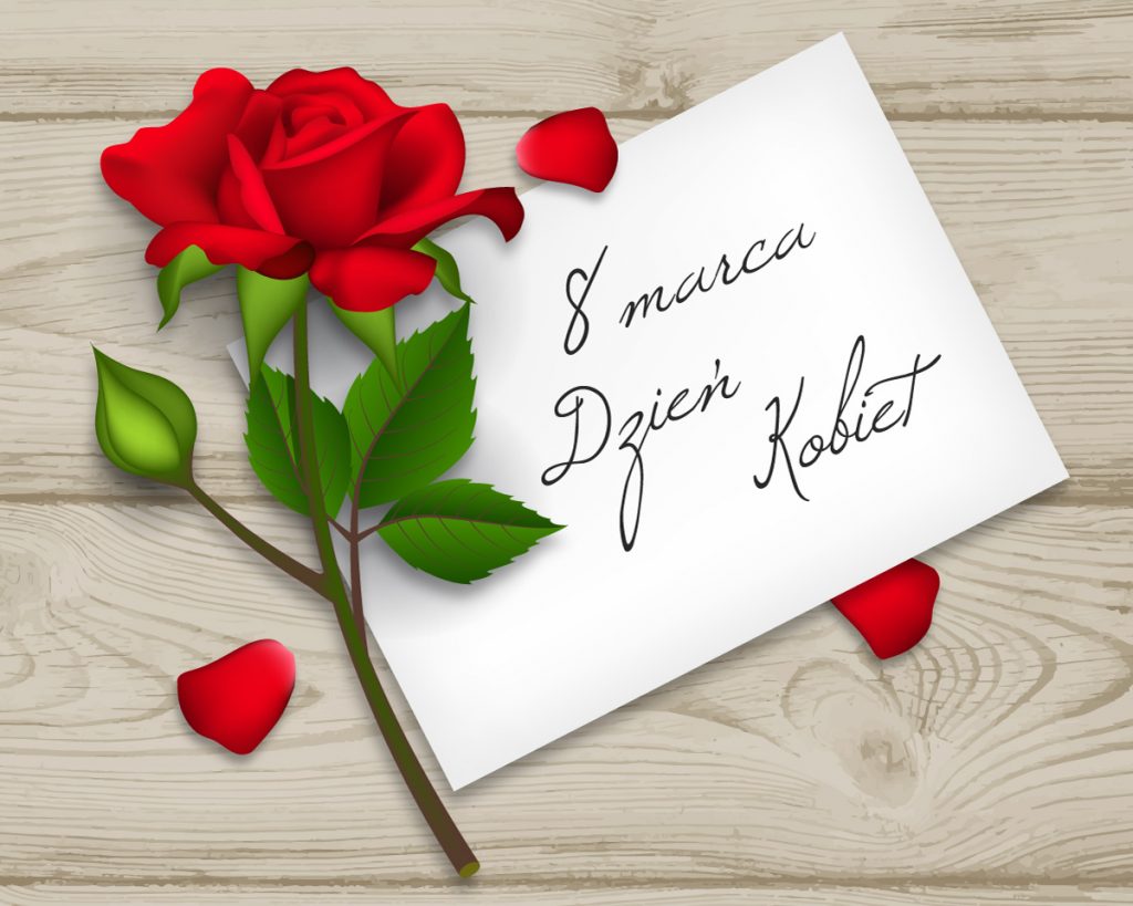 Na grafice czerwona róża i napis 8 marca Dzień Kobiet.
