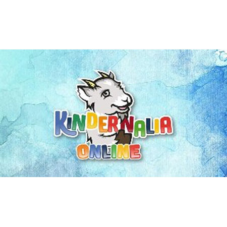 Na środku głowa wesołego koziołka w chmurach. Niżej kolorowy napis: Kindernalia online.