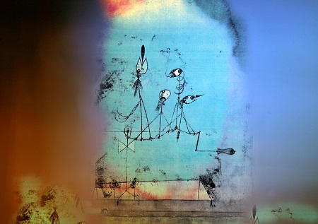 Obraz przedstawia metalowe ćwierkające ptaki na niebieskim tle (na podstawie obrazu Paula Klee pt. "Ćwierkająca maszyna")