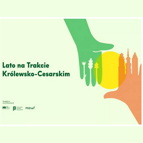 Dwie dłonie: jedna symbolizująca przyrodę i druga zabytki dotykają koła symbolizującego słońce.