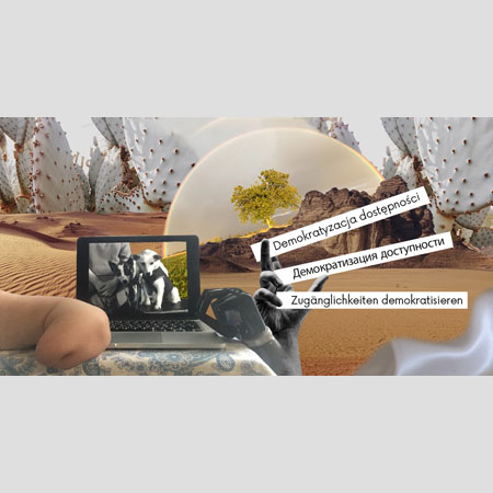 Grafika utrzymana w szaro-brązowych kolorach to kolaż złożony z warstw. Na pierwszym planie widoczna jest ręka bez dłoni, obok niej na stoliku stoi komputer z czaro-białym obrazem dwóch piesków, dalej widać protezę oraz otwartą dłoń wyprężoną do góry. Po prawej stronie kadru umieszczone zostały tytuły w trzech wersjach językowych. W tle jest pustynia, z której wyrastają skały i nienaturalnych rozmiarów kaktusy. Pomiędzy skałami i kaktusami wyrasta drzewo, nad którym rozpostarta jest tęcza.