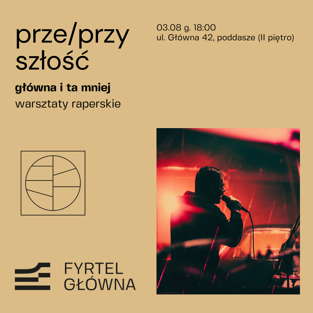 Grafika zawiera informacje dotyczące cyklu warsztatów raperskich prze/przyszłość w ramach rezydencji społeczno-artystycznych. Po prawej stronie znajduje się fotografia, na której widać profil mężczyzny trzymającego mikrofon.