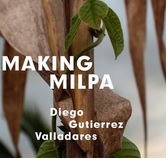 Grafika przedstawia zieloną roślinę pnącą się po drewnianej tyczce. Centralnie umieszczony biały napis: "MAKING MILPA. Diego Gutierrez Valladares". fot. Ivan Juarez.