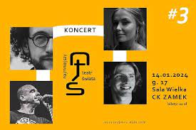 Na intensywnie żółtym tle umieszczono logo NTS #3, napis KONCERT oraz cztery czarno-białe fotografie przedstawiające artystkę i trzech artystów, którzy wystąpią podczas koncertu. W górnym prawym rogu napisy: 14.01.2024, g.17, Sala Wielka CK ZAMEK