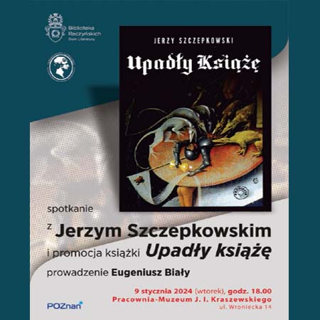 Okładka książki "Upadły książę", poniżej napisy informujące o wydarzeniu.