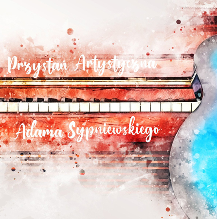 Biały napis "Przystań Artystyczna Adama Sypniewskiego" na kolorowym, różowo-czerwonym tle. Przez środek przebiegają biało-czarne klawisze, po prawej zarys gitary.