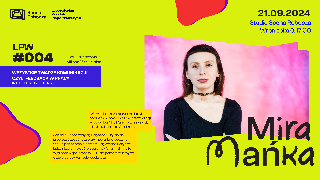 Poster w żółtym świetle neonowym przyciąga uwagę. Na plakacie znajdują się informacje o wydarzeniu. Znajduje się na nim również zdjęcie kobiety w czerni.