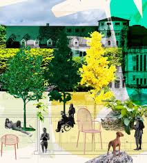 Grafika-fotomontaż. W tle czarno-białe zdjęcie fasady Zamku przysłoniętej zielonym bluszczem i ciemno zielonymi i żółtymi drzewami. Przed Zamkiem wycięte czarno-białe sylwetki ludzi relaksujących na dziedzińcu, różowe meble ogrodowe i pies.