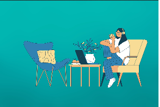 Na turkusowym tle rysunek, na którym widać dwa fotele i stolik.