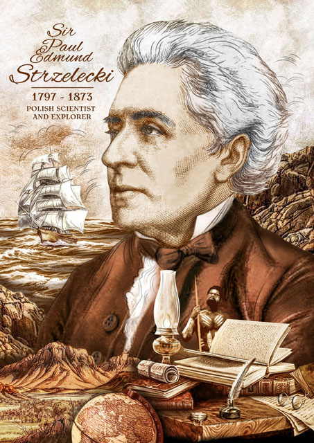 Na grafice portret Strzeleckiego autorstwa Dawida Celeka