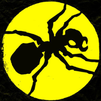 Grafika. Czarna mrówka na żółtym tle.