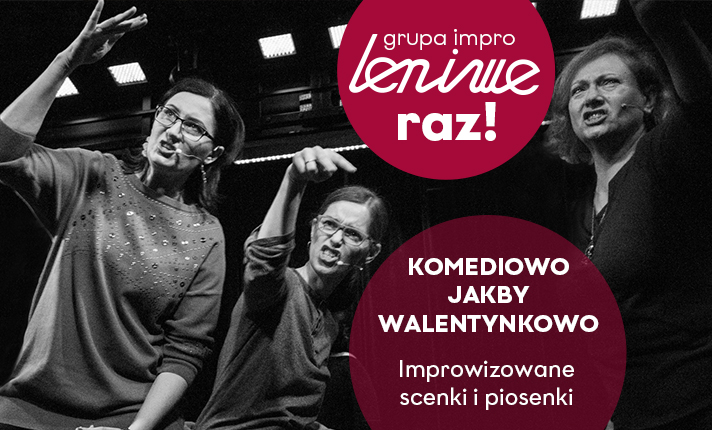 czarno białe zdjecie przedstawia trzy gestykulujące kobiety; w prawej części dwa koła w kolorze wiśniowym z informacjami o spektaklu