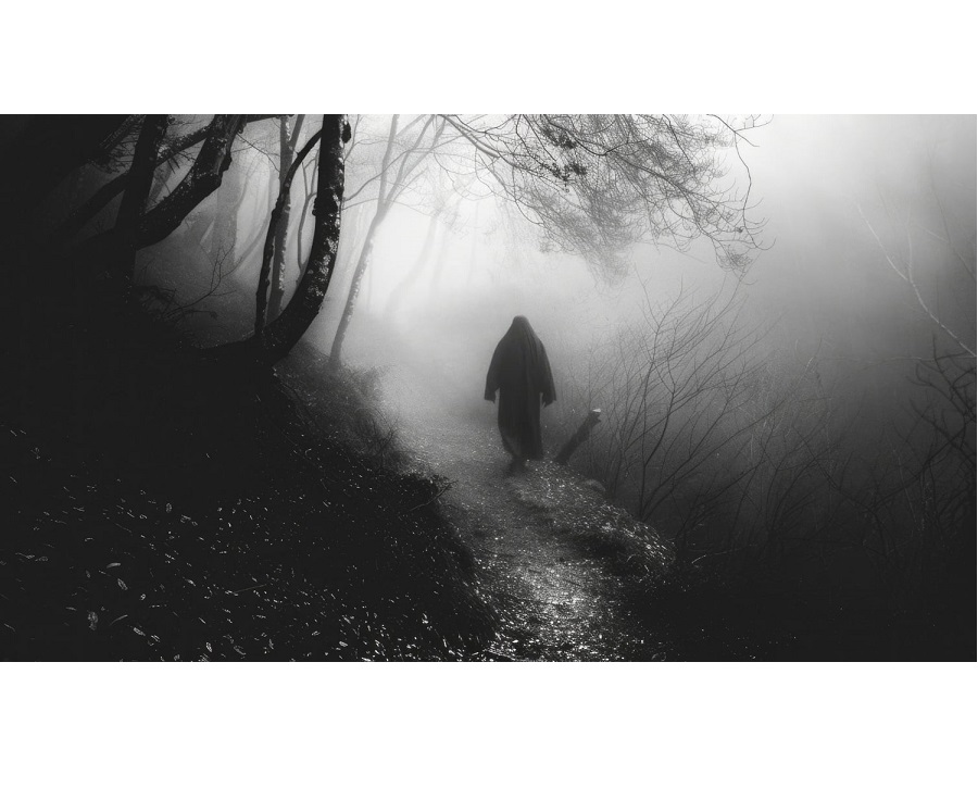 Czarno-białe zdjęcie. Ścieżką w lesie idzie postać ubrana w szeroką czarną szatę z kapturem. Wokół drzewa i krzewy we mgle.