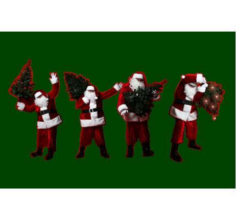 na zielonym tle stoi czterech Świętych Mikołajów ubranych w czerwone stroje z choinkami z rękach