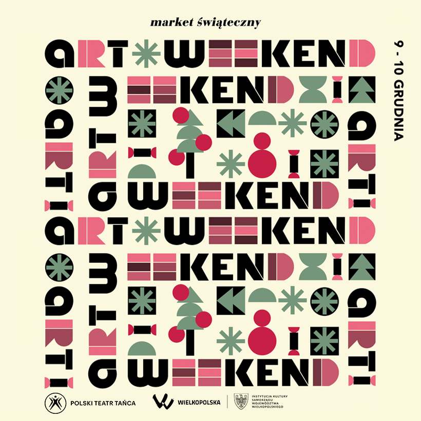 Kolorowa grafika z napisami "art weekend" i rysunkami choinek i gwiazdek.