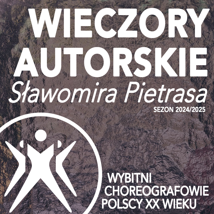 na brązowym tle białe napisy informacyjne o wydarzeni i biały logotyp teatru