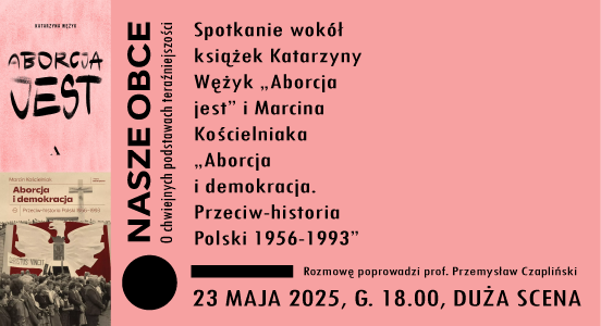 Plakat z informacjami na temat wydarzenia - tekst na różowym tle. Z lewej strony okładki dwóch książek, jedna pod drugą.