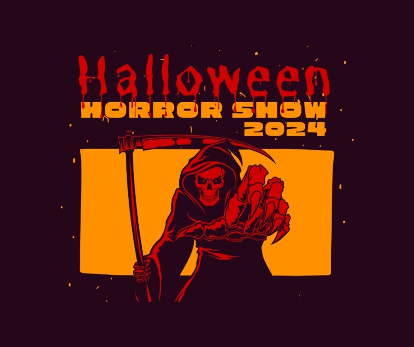 na czarnym tle czerwono-pomarańczowy tytuł wydarzenia oraz rysunek szkieletu - śmierci z kosą