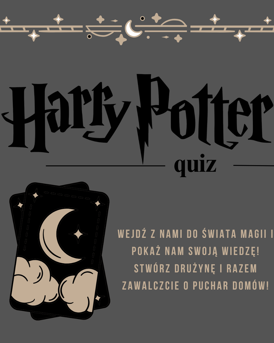 Na ciemnym tle czarny napis Harry Potter oraz czarne karty do gry z księżycem, chmurami i gwiazdami.