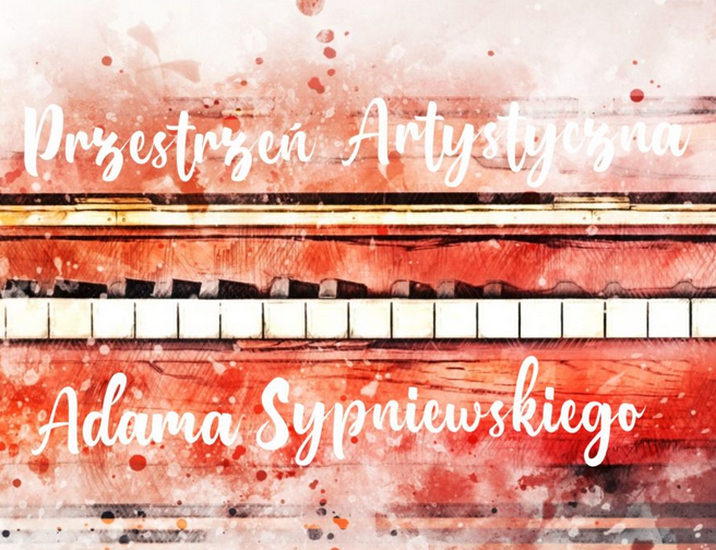 Białe napisy jak odręczne na czerwonym rysunkowym fortepianie.