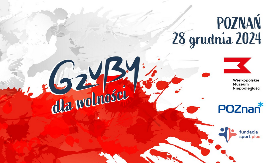 Plakat promujący bieg Gzuby dla wolności utrzymany w biało-czerwonej kolorystyce, rozbryzgane plamy farb, z boku napisy informujące o wydarzeniu.